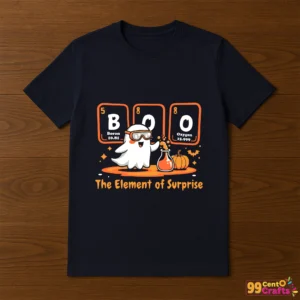 Chemistry Boo Halloween design printed on t-shirt mockup showing spooky chemistry themed apparel application