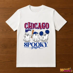 Chicago Cubs spooky ghost Halloween SVG design displayed on t-shirt mockup showing baseball themed apparel