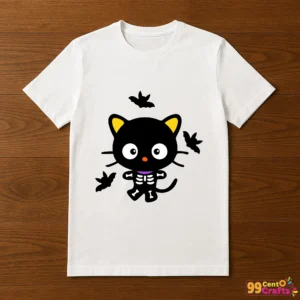 Chococat skeleton Halloween design printed on t-shirt mockup showing cute Sanrio character for spooky apparel