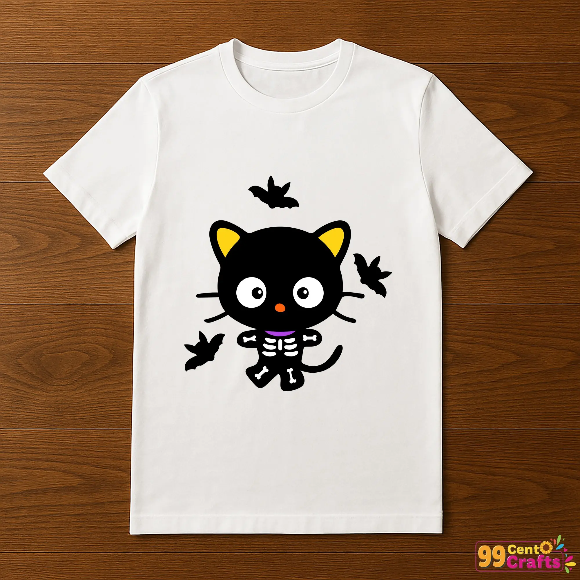 Chococat skeleton Halloween design printed on t-shirt mockup showing cute Sanrio character for spooky apparel