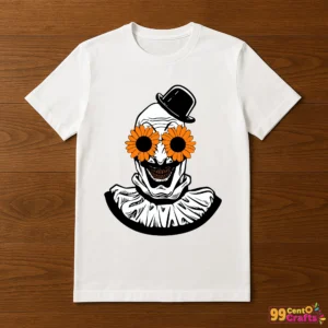 T-shirt mockup with clown holding flower Halloween design printed