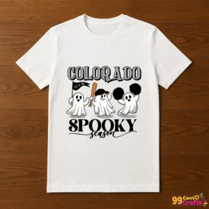 T-shirt mockup showing Colorado Rockies Halloween ghost baseball design printed on apparel for spooky season