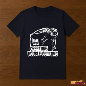 Creature Double Feature vintage horror design printed on t-shirt mockup showing retro WLVI 56 television graphics