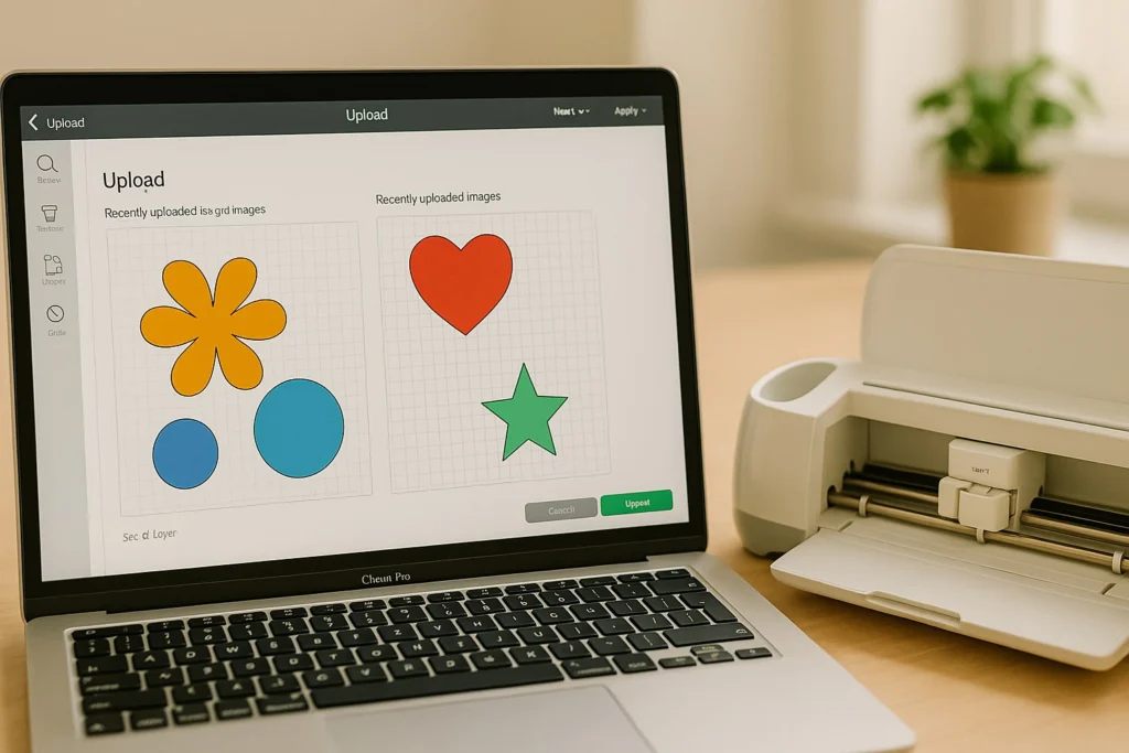 Laptop showing Cricut Design Space upload screen with colorful SVG shapes beside a Cricut cutting machine on a bright wooden desk