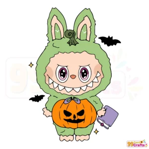 Cute Labubu character in orange pumpkin Halloween costume SVG clipart design for Cricut crafts