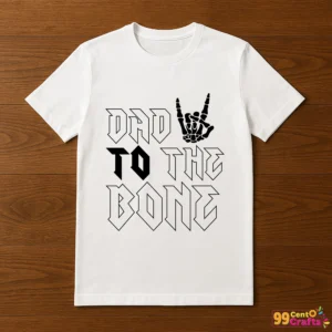 Dad To The Bone skeleton hand SVG design displayed on Father's Day t-shirt mockup for Halloween themed apparel
