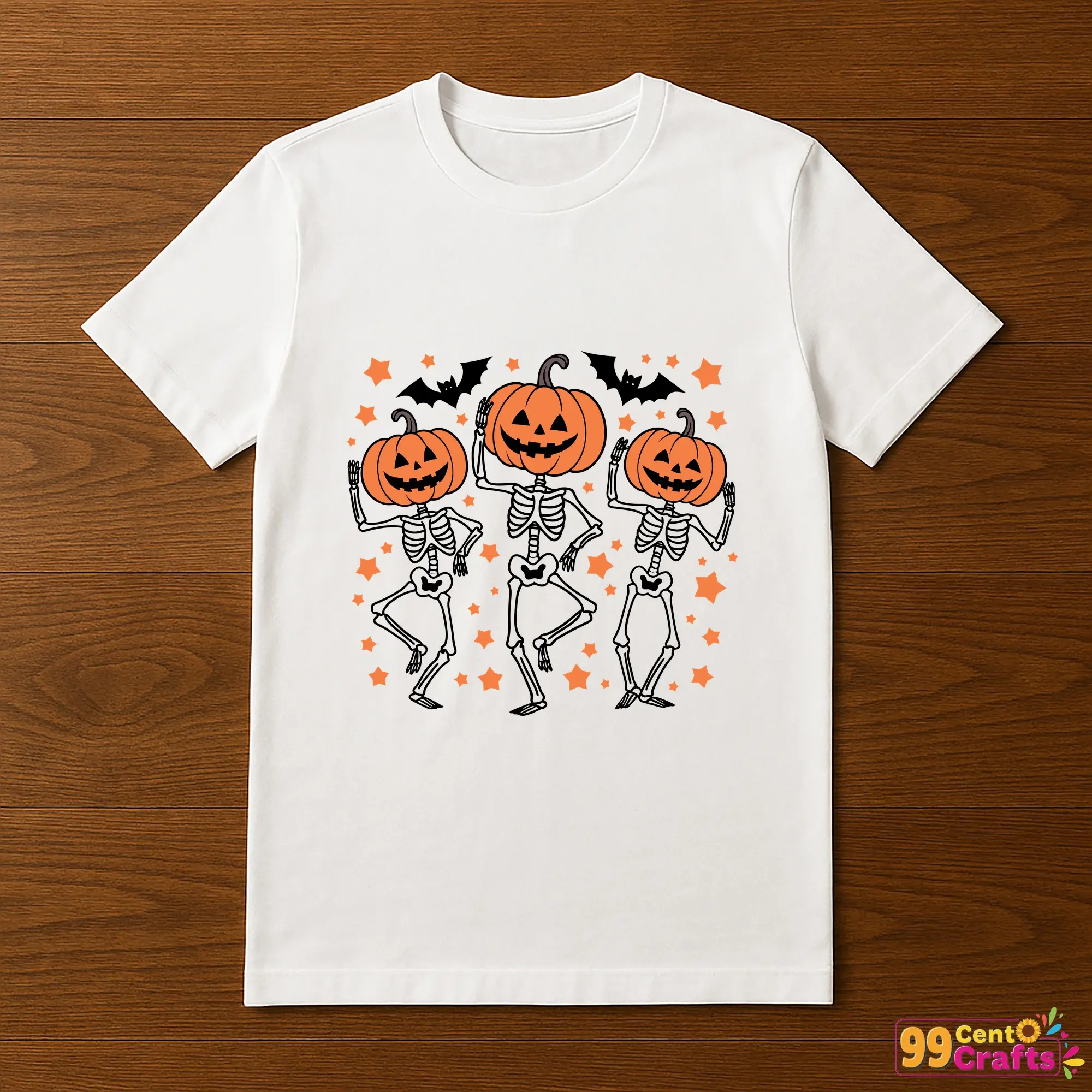 Dancing skeleton pumpkin head design printed on t-shirt mockup for Halloween apparel