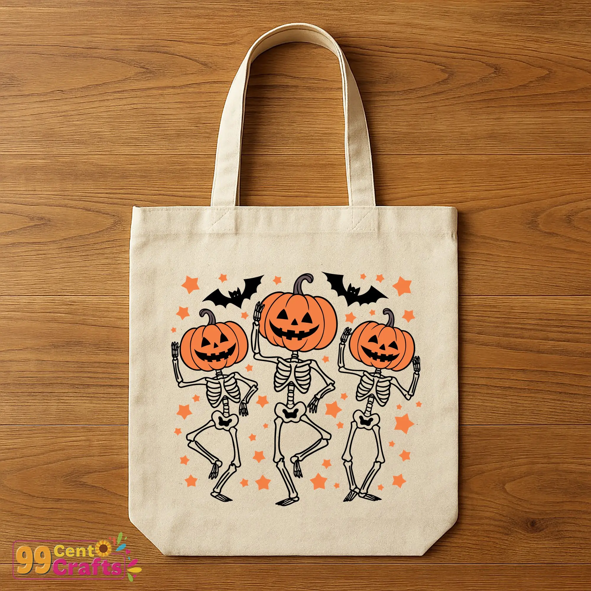 Dancing skeleton pumpkin head Halloween design on tote bag mockup for trick-or-treat accessories