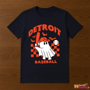 Detroit Ghost Baseball Halloween design printed on t-shirt mockup showing spooky baseball graphics