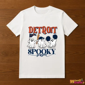 Detroit Tigers Halloween ghost SVG design printed on t-shirt mockup showing spooky baseball team spirit