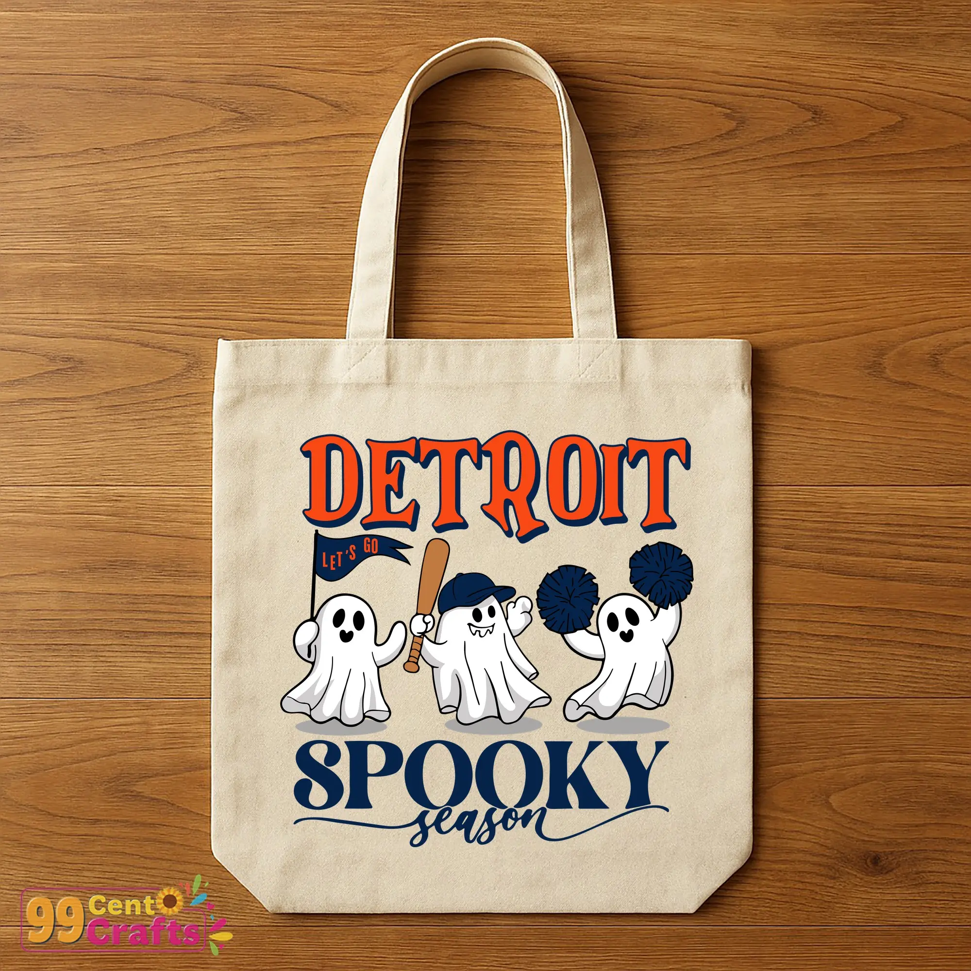 Detroit Tigers spooky ghost Halloween SVG on tote bag mockup perfect for seasonal baseball fan accessories