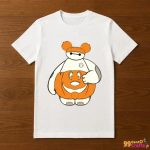 Disney Baymax Pumpkin Halloween design printed on t-shirt mockup showing fall themed apparel application