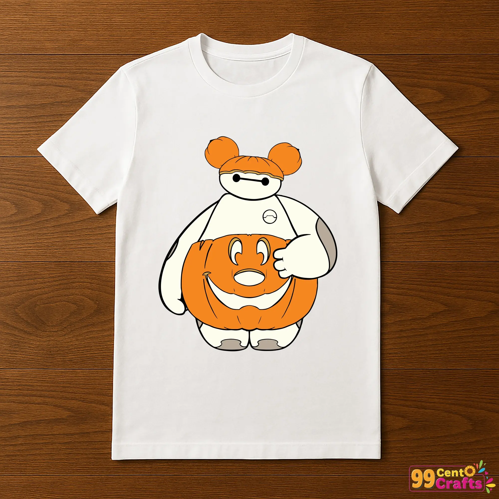 Disney Baymax Pumpkin Halloween design printed on t-shirt mockup showing fall themed apparel application