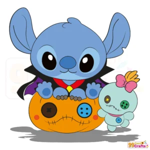 Disney Stitch vampire holding pumpkin SVG design for Halloween crafts
