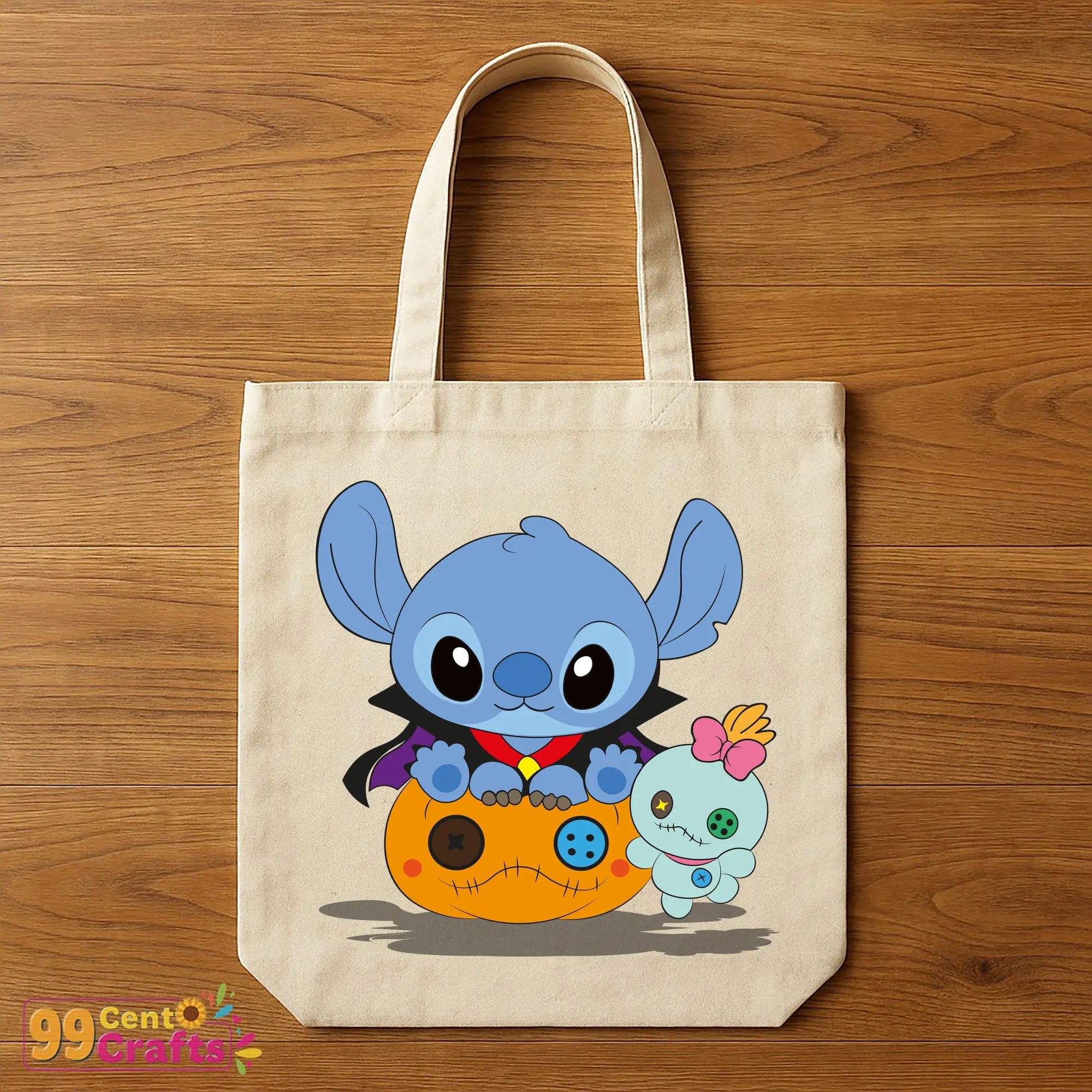 Disney Stitch vampire design on a tote bag mockup for Halloween