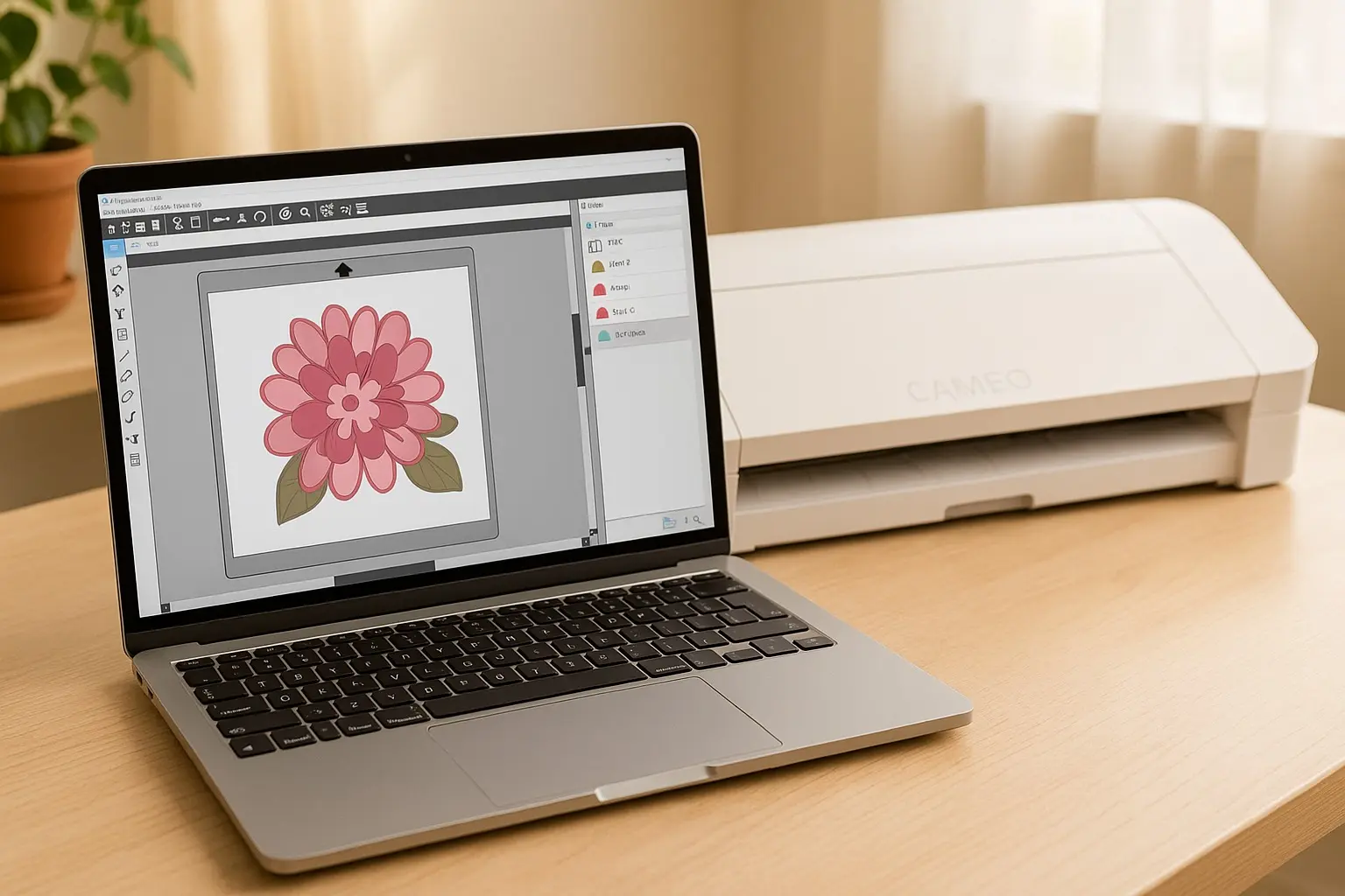 Laptop displaying Silhouette Studio with layered floral SVG design beside a Silhouette Cameo cutting machine in a bright crafting workspace