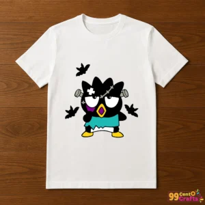 Frankenstein Badtz Maru Halloween design printed on t-shirt mockup showing spooky cute penguin character