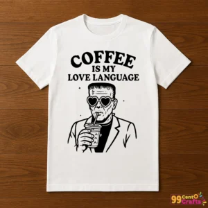 Frankenstein coffee quote design printed on t-shirt mockup showing Halloween themed apparel application
