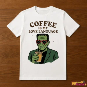 T-shirt mockup featuring Frankenstein coffee design with humorous monster love language quote printed on apparel