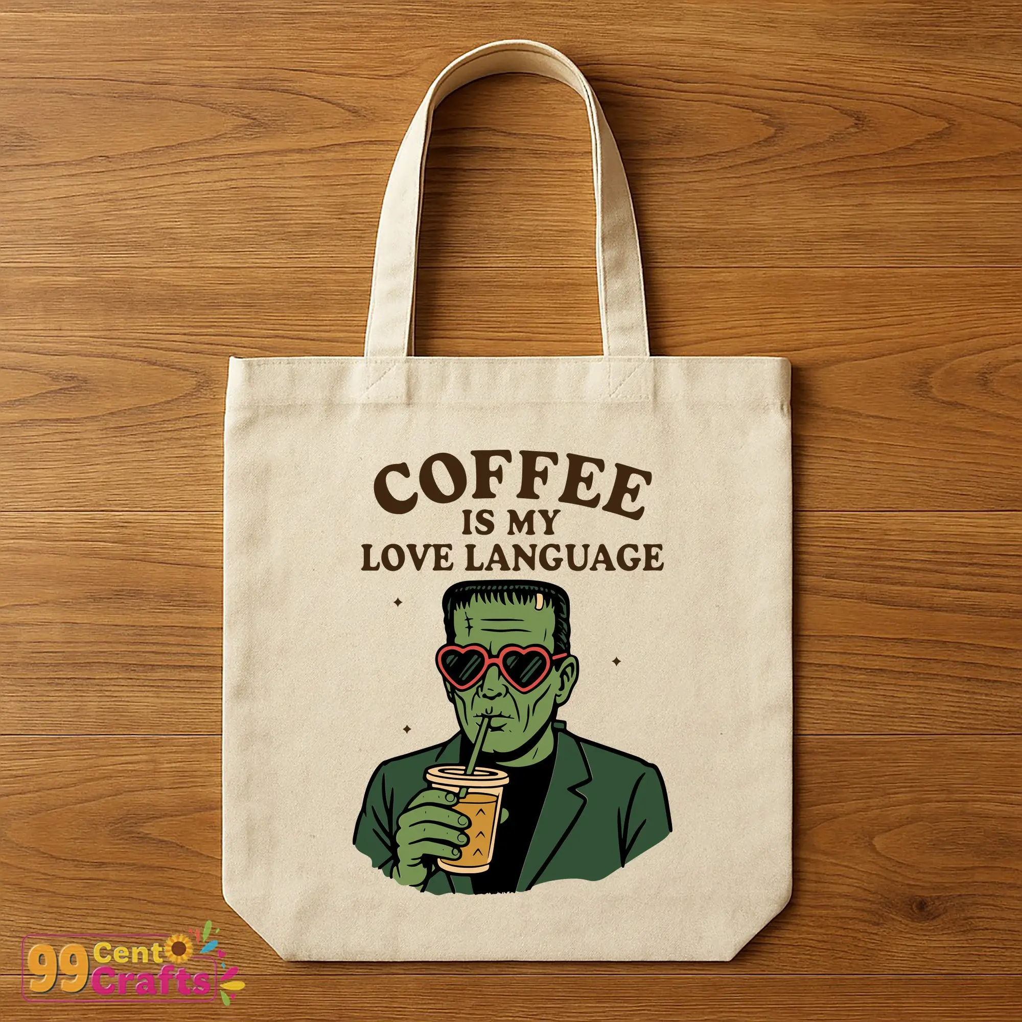 Tote bag mockup displaying Frankenstein coffee SVG with funny monster love language quote design