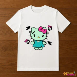 Frankenstein Hello Kitty design printed on t-shirt mockup showing spooky cute Halloween monster character
