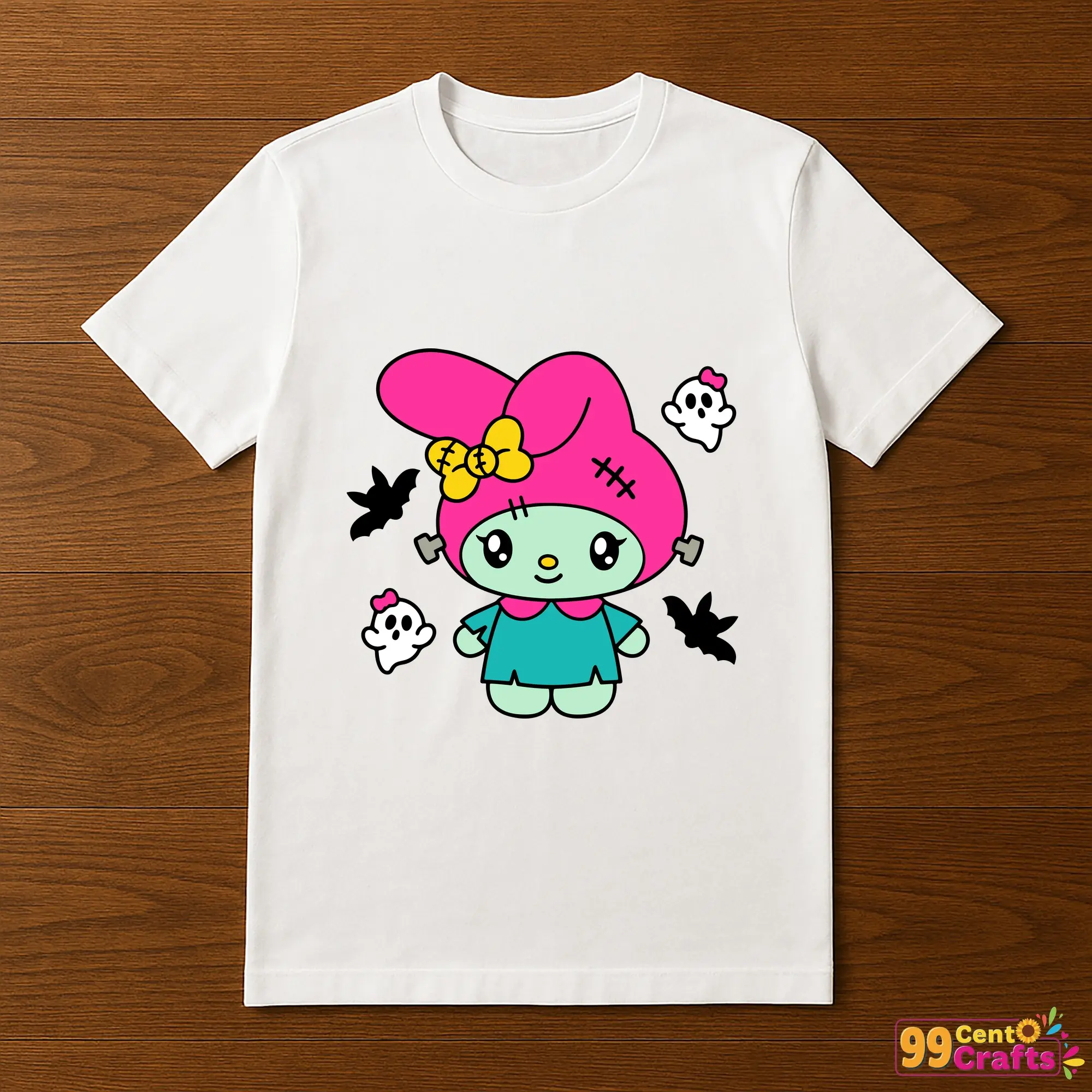Frankenstein My Melody Halloween design printed on t-shirt mockup showing cute character apparel application
