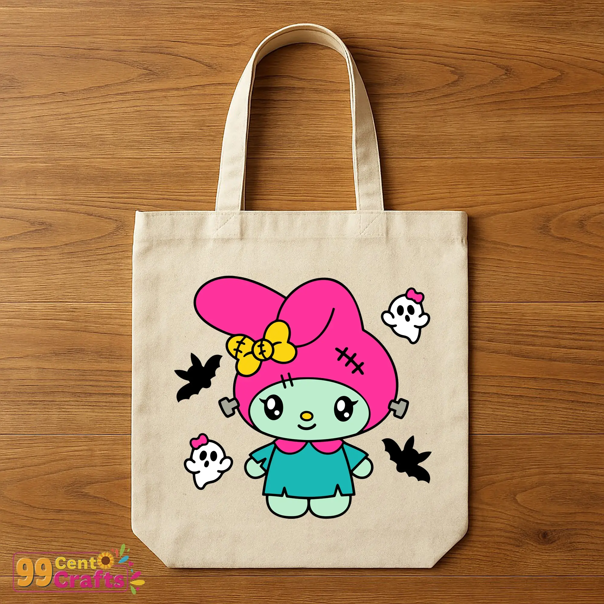 Frankenstein My Melody Halloween SVG design on tote bag mockup displaying cute character for lifestyle use