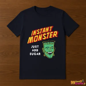 Funny Frankenstein SVG design displayed on t-shirt mockup showing Halloween monster character apparel application