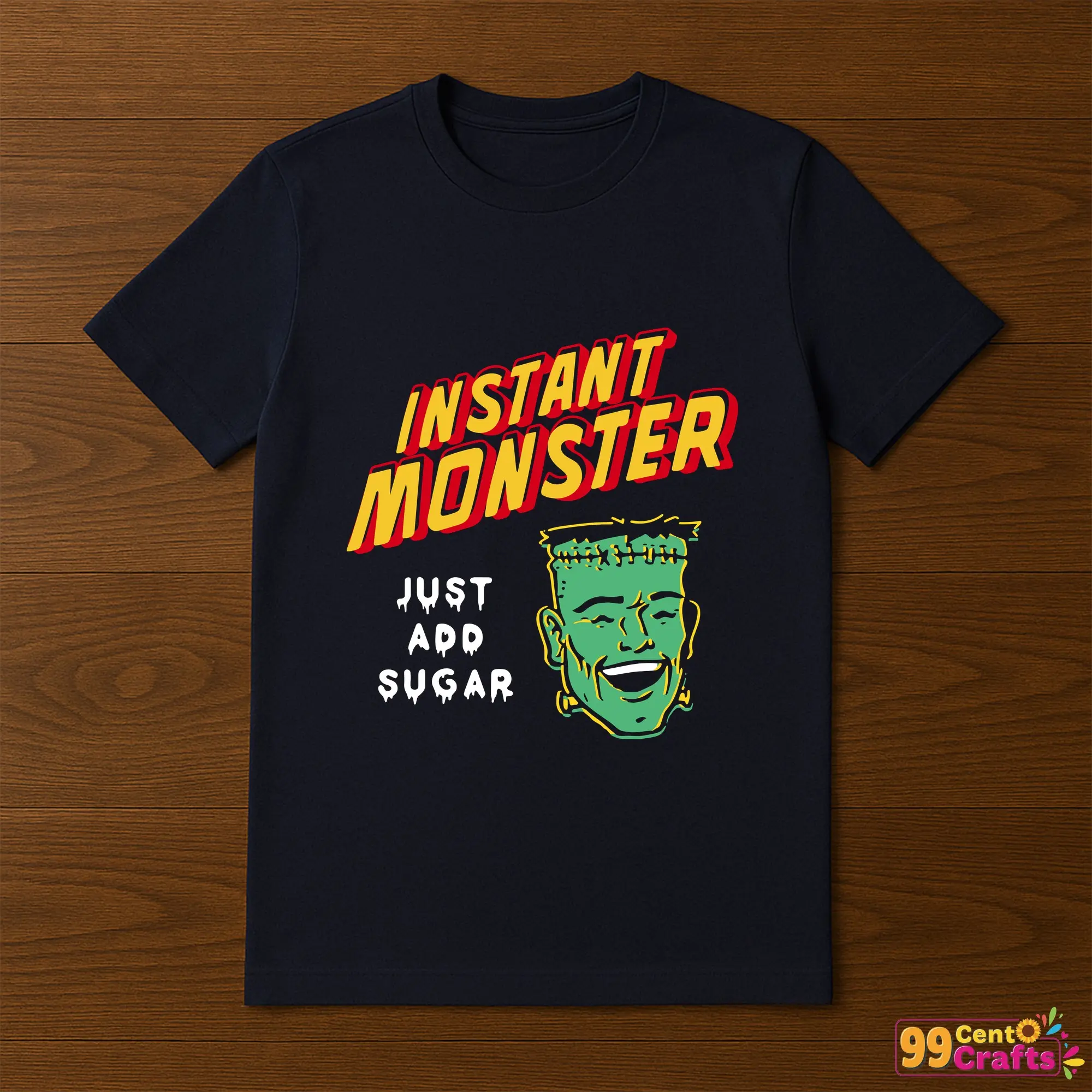 Funny Frankenstein SVG design displayed on t-shirt mockup showing Halloween monster character apparel application