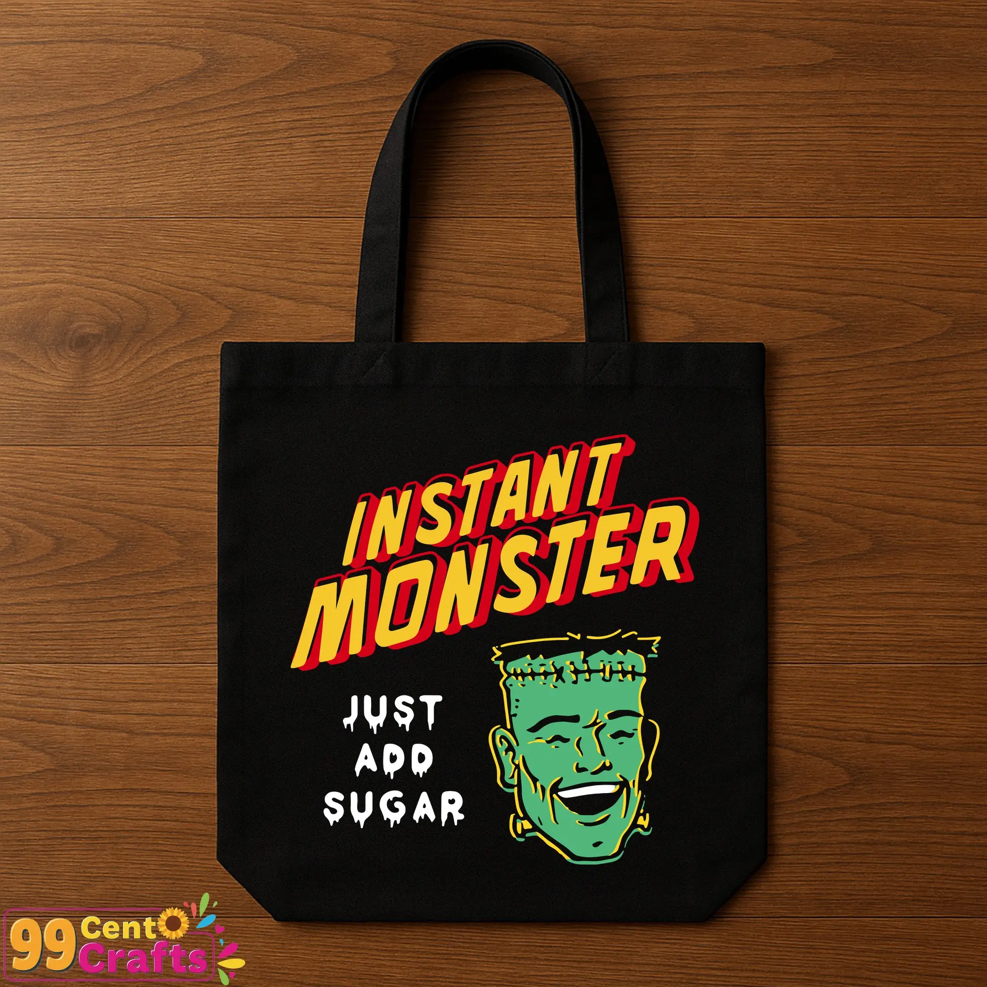 Funny Frankenstein SVG design on tote bag mockup demonstrating Halloween monster character for accessories