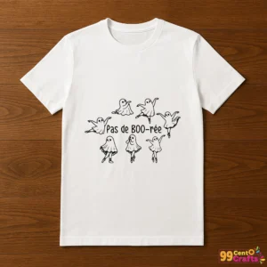 Halloween ghost ballet dancer design printed on t-shirt showing funny pas de boo-ree dancing pose