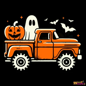Funny monster truck Halloween SVG design with pumpkin and ghost elements for crafting projects