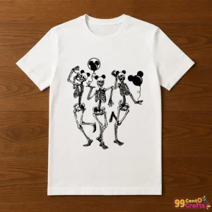 T-shirt mockup displaying Funny Skeletons Mickey Ears design, perfect for Halloween apparel and seasonal clothing