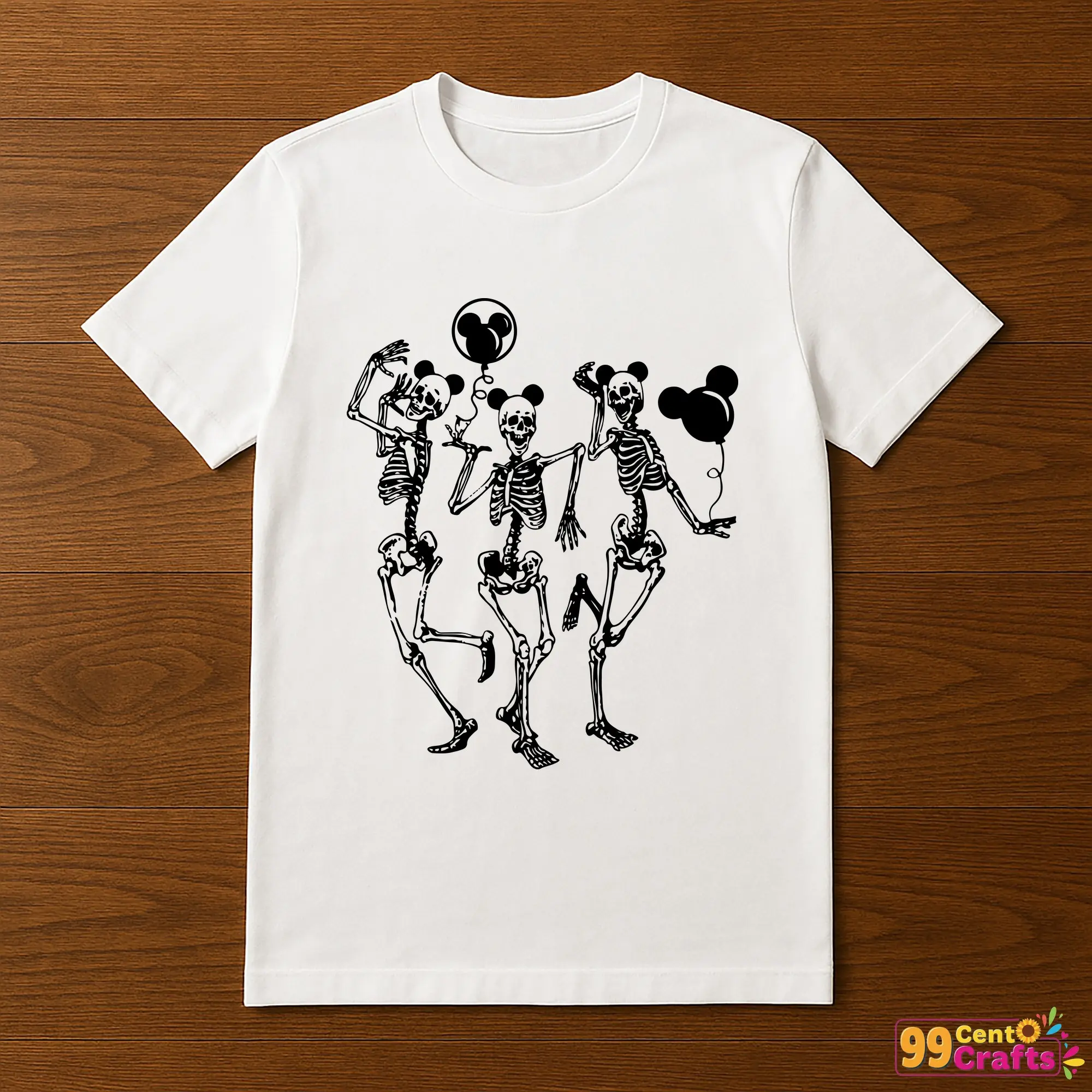 T-shirt mockup displaying Funny Skeletons Mickey Ears design, perfect for Halloween apparel and seasonal clothing
