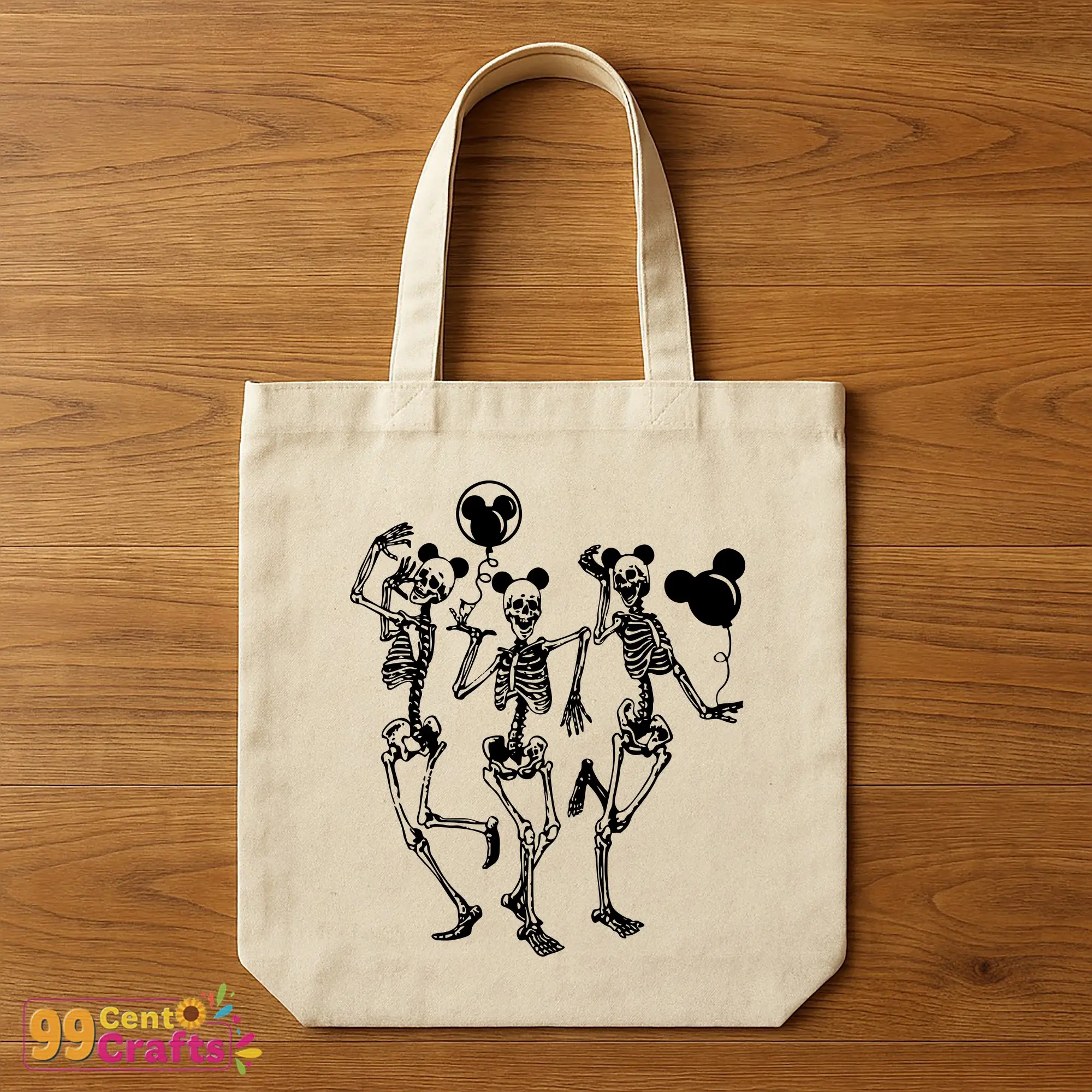 Tote bag mockup showcasing Funny Skeletons Mickey Ears design for Halloween accessories and trick-or-treat bags