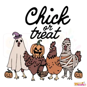 Funny spooky chicken Halloween SVG design with Chick Or Treat text pun for crafting and digital cutting