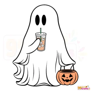 Cute ghost drinking coffee SVG design for Halloween crafts and Cricut cutting machines