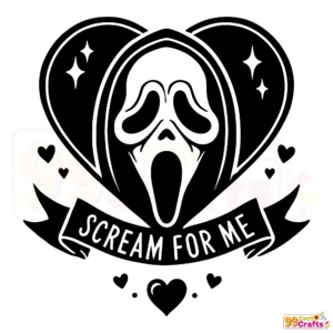 Ghostface Scream For Me horror Valentine heart design displayed on t-shirt mockup, perfect for spooky romantic apparel