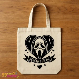 Ghostface Scream For Me SVG horror Valentine design on tote bag mockup, ideal for Halloween romance themed accessories