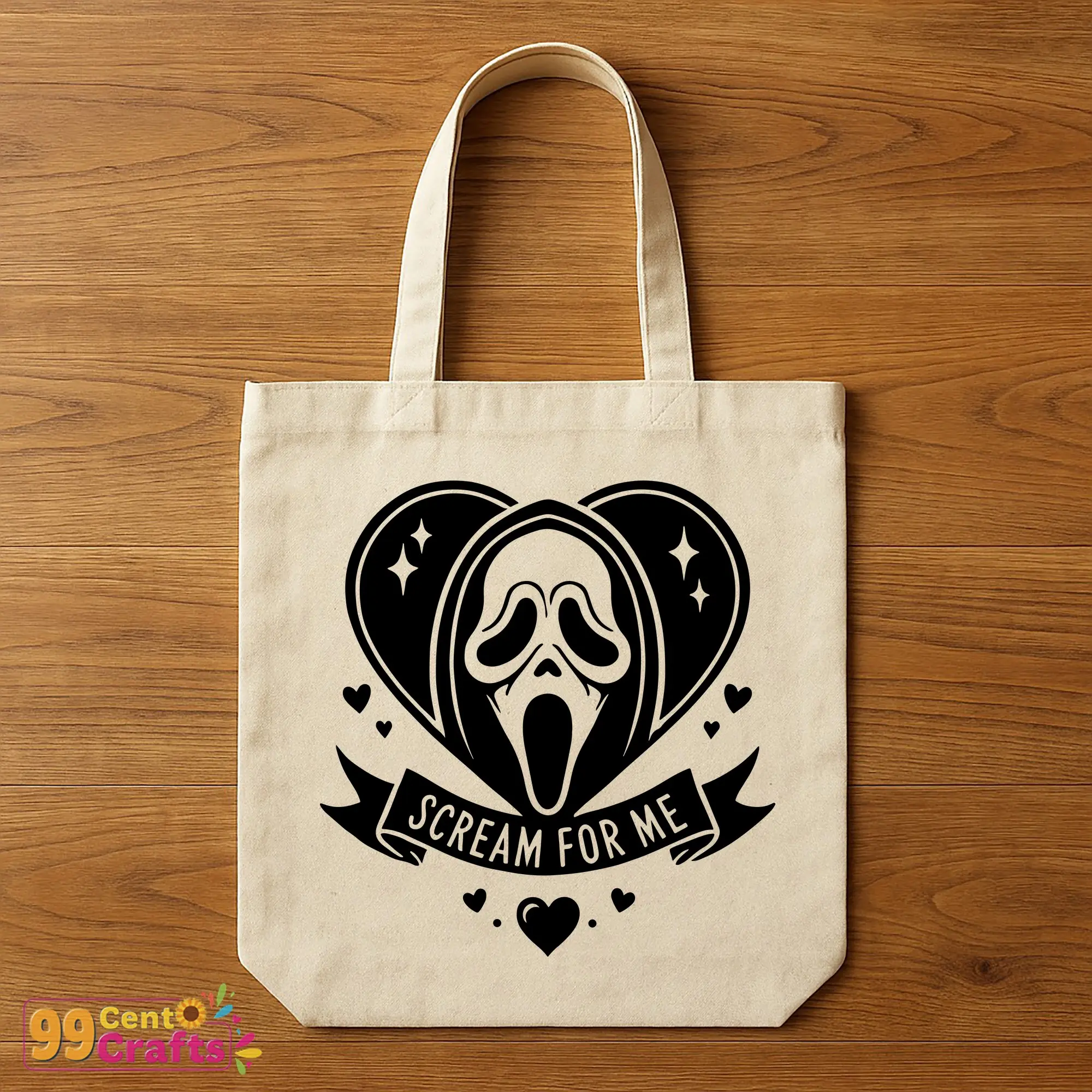 Ghostface Scream For Me SVG horror Valentine design on tote bag mockup, ideal for Halloween romance themed accessories