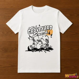 Dancing skeleton Graveyard Smash Halloween design printed on t-shirt mockup for apparel crafting