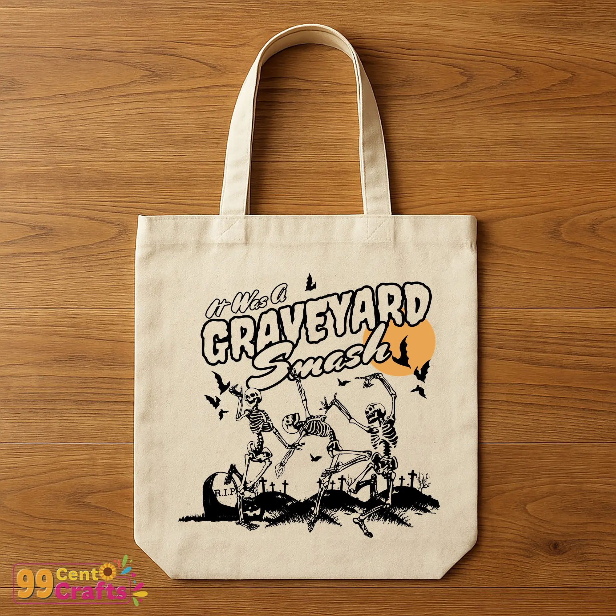 Funny dancing skeleton Graveyard Smash Halloween SVG design displayed on tote bag mockup