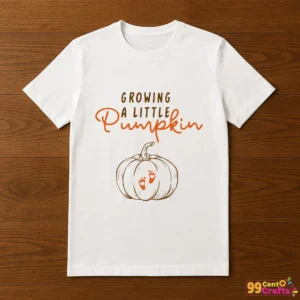 Growing A Little Pumpkin design on t-shirt mockup for fall pregnancy announcement apparel