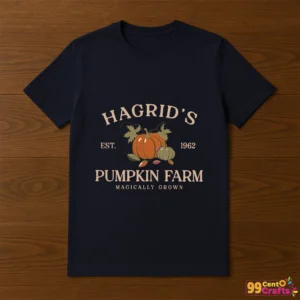 Hagrid's Pumpkin Farm design printed on t-shirt mockup showing Harry Potter Halloween themed apparel application