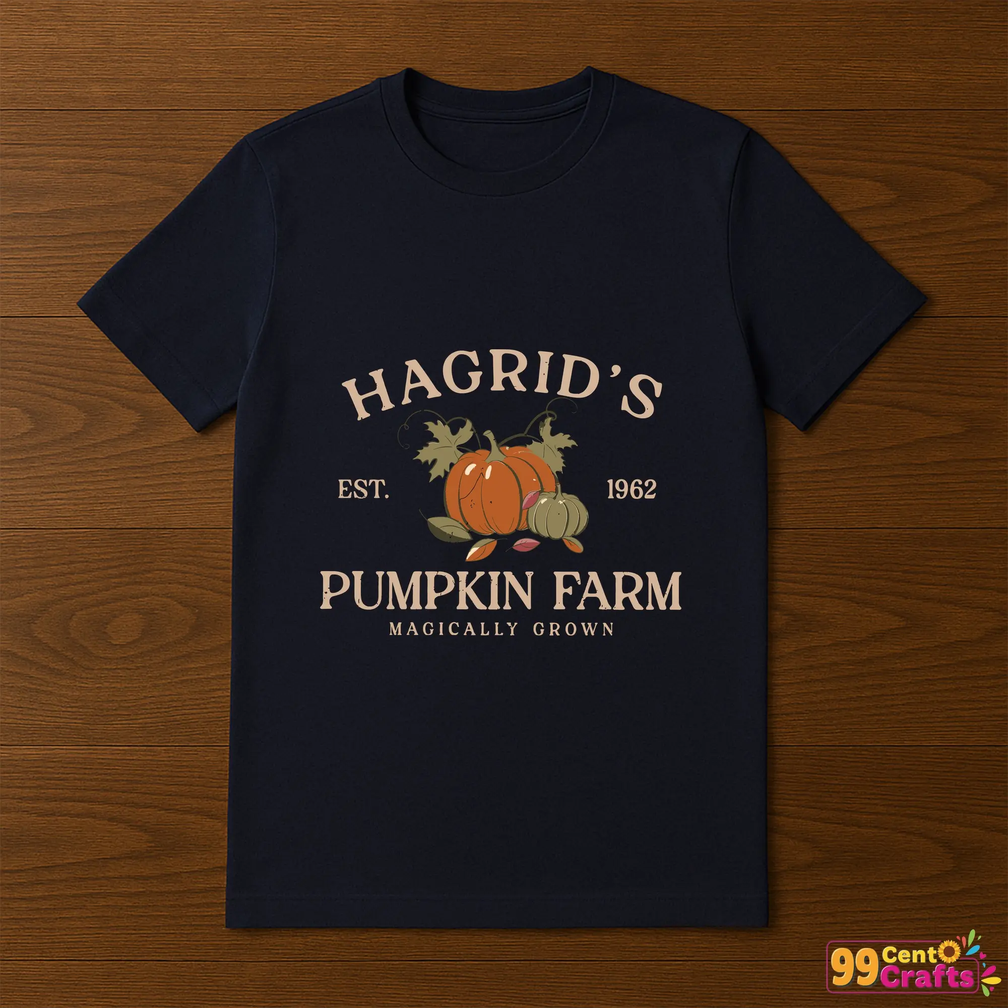 Hagrid's Pumpkin Farm design printed on t-shirt mockup showing Harry Potter Halloween themed apparel application