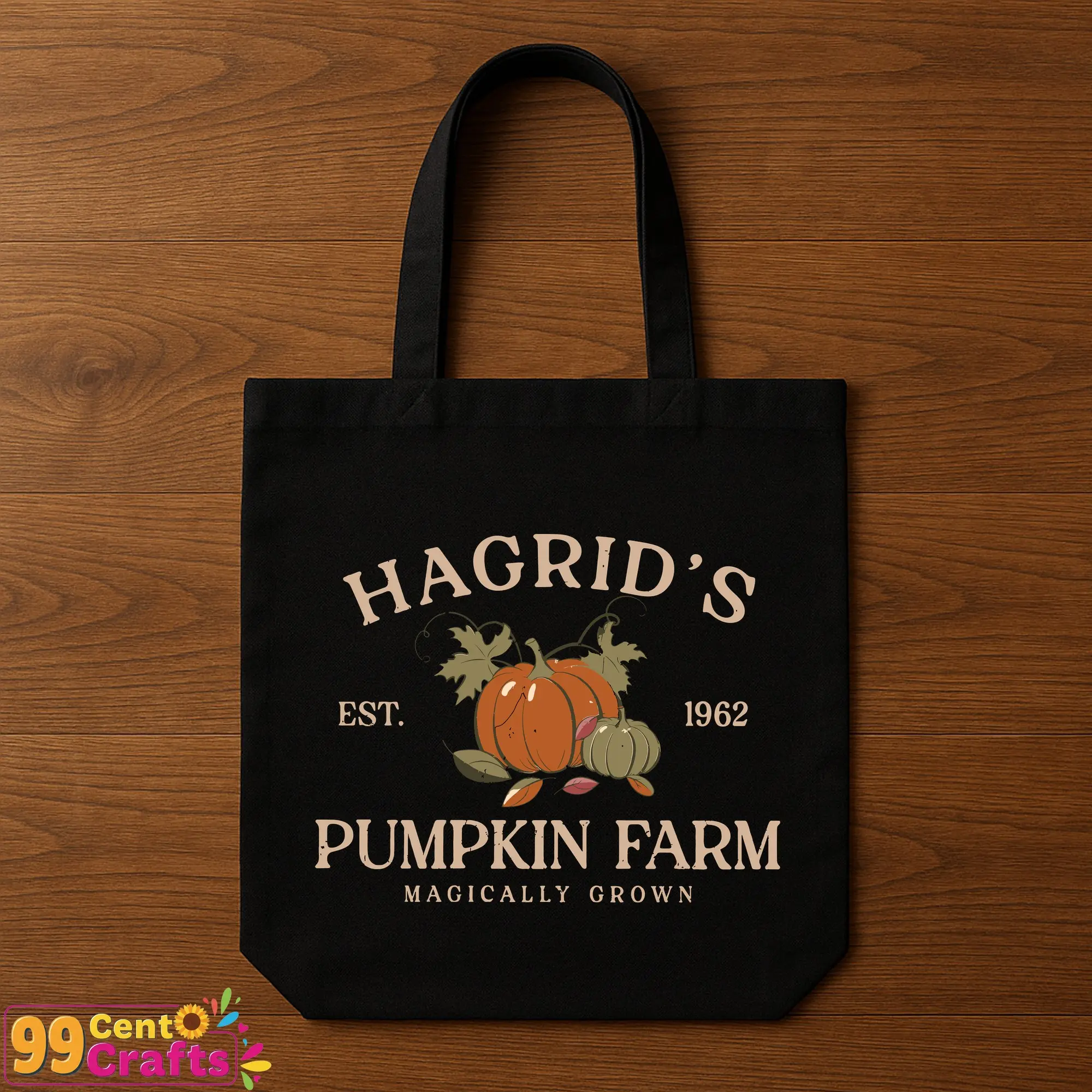 Hagrid's Pumpkin Farm SVG design on tote bag mockup displaying Harry Potter Halloween themed lifestyle accessory