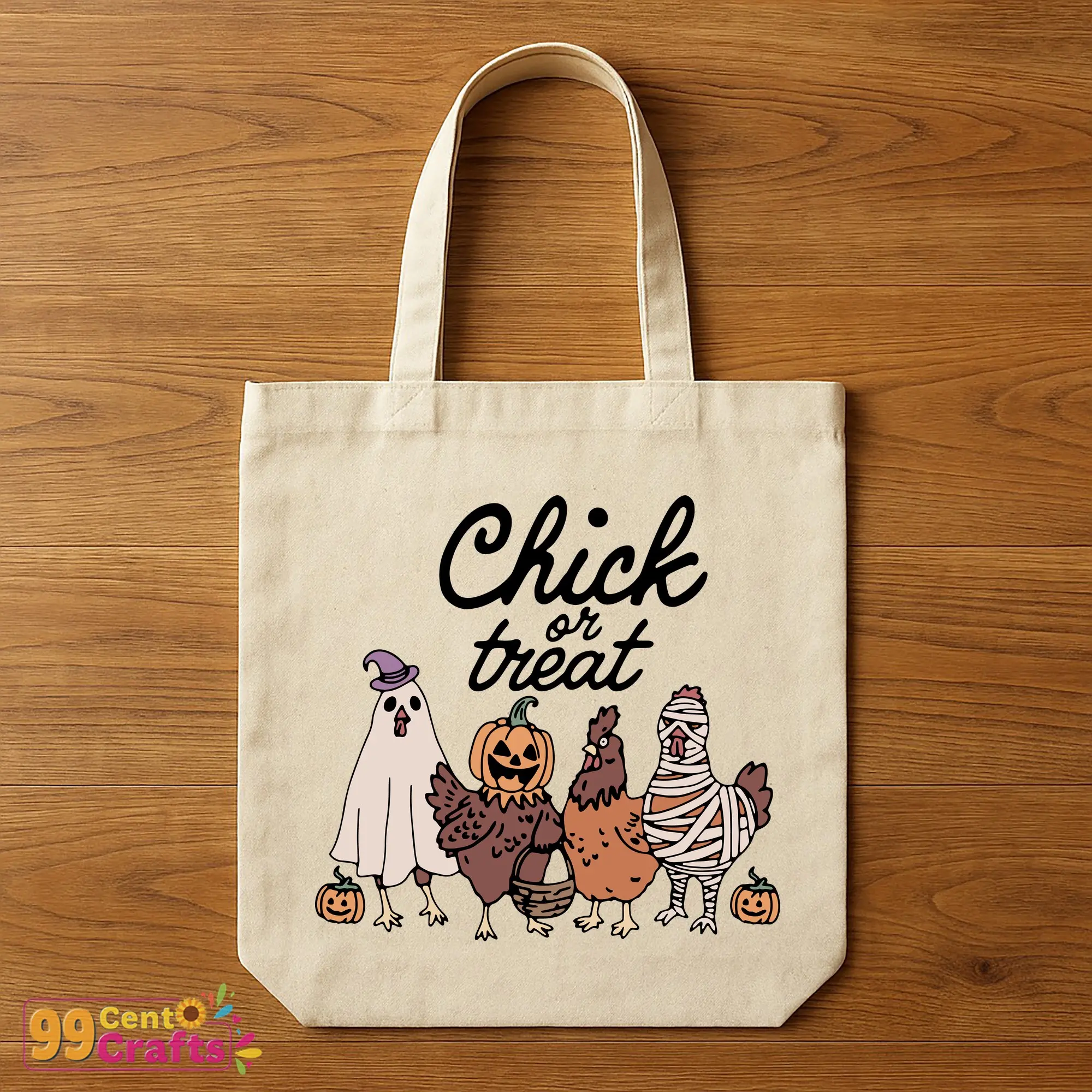 Tote bag mockup with spooky chicken Halloween design and Chick Or Treat text for trick or treating