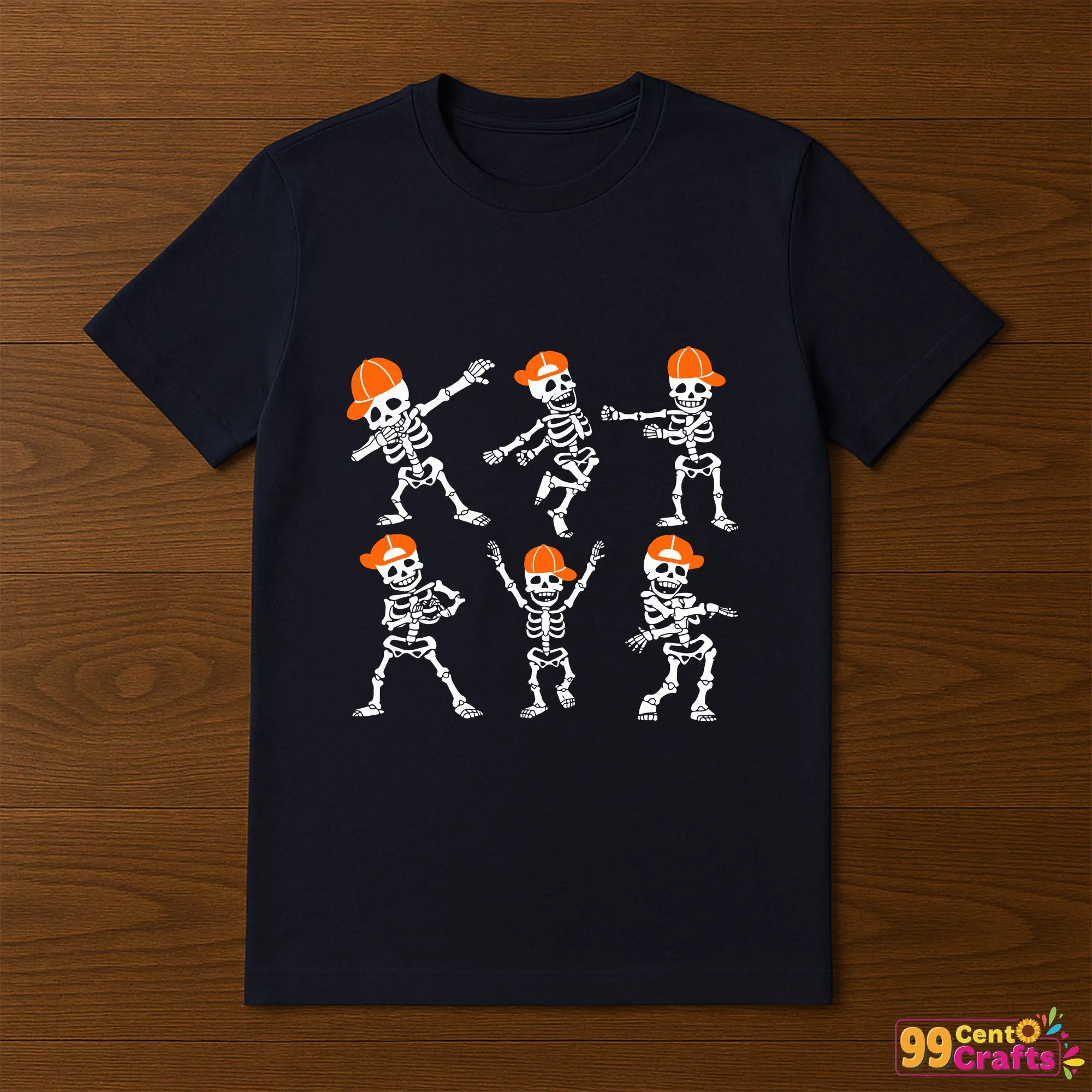 Halloween dancing skeleton design printed on t-shirt mockup showing apparel application