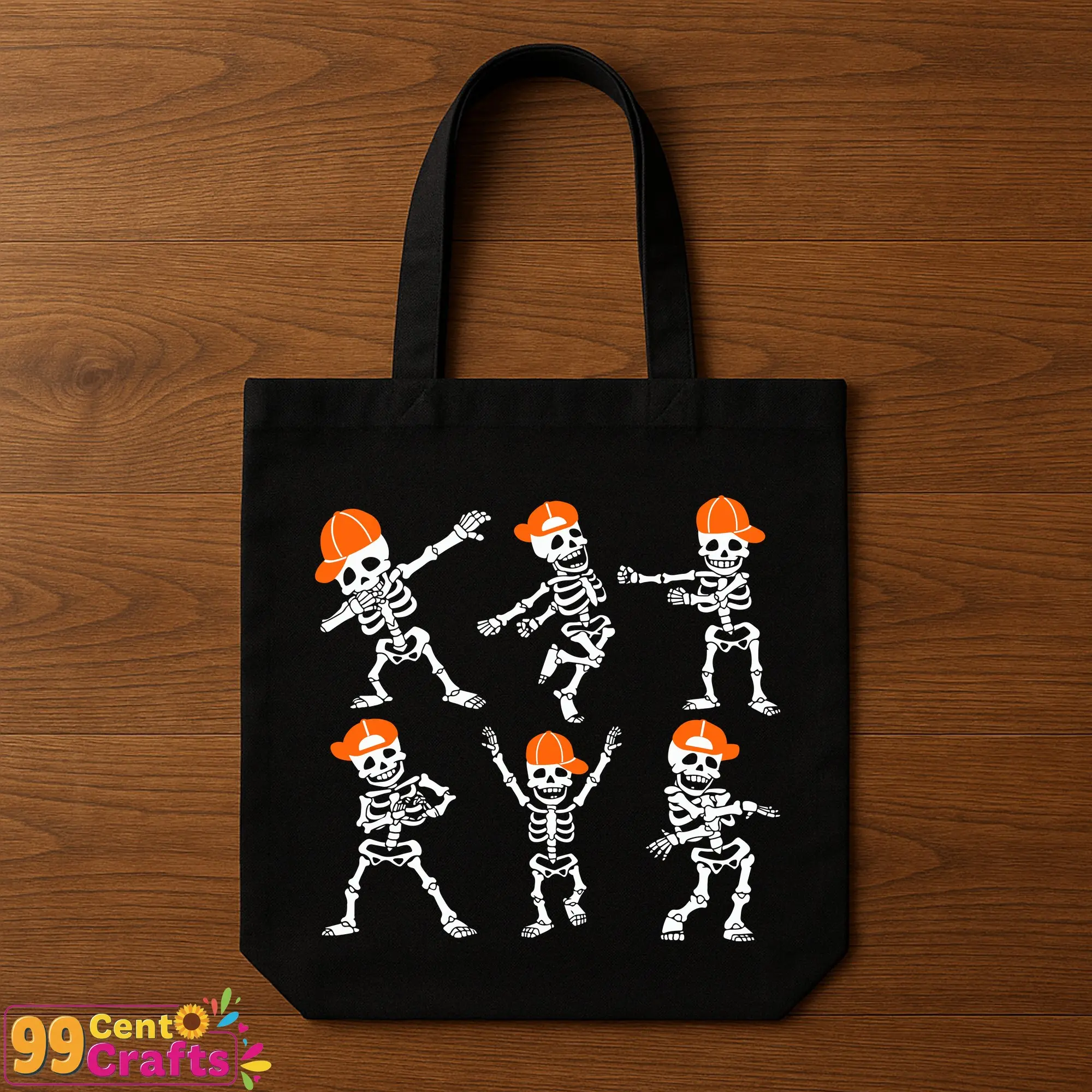 Halloween dancing skeleton design on tote bag mockup demonstrating lifestyle accessory use