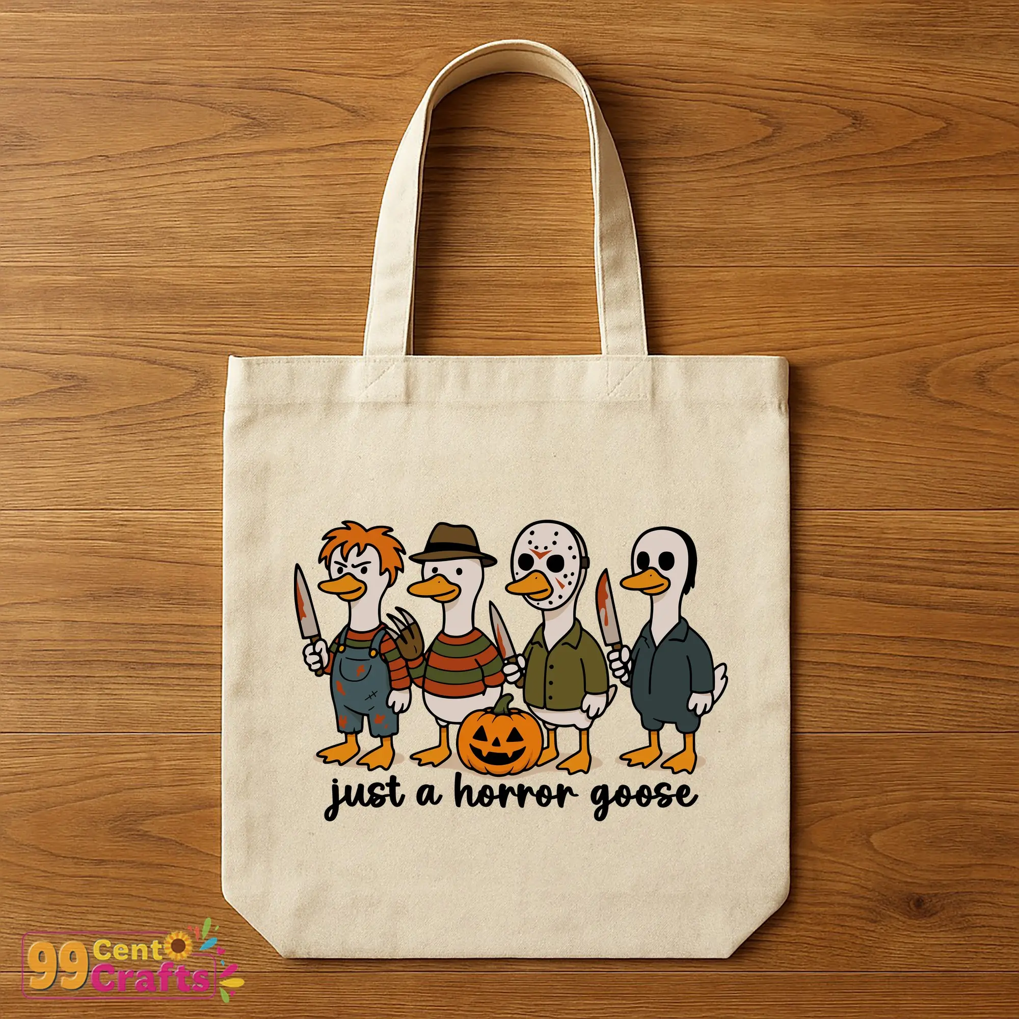 Halloween Horror Goose SVG design showcased on tote bag mockup demonstrating silly goose craft project usage